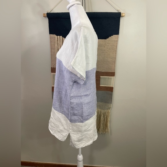 Pure J Jill White Blue Short Sleeves 100% Linen Tunic Relaxed Slouchy Size M - Picture 2 of 7